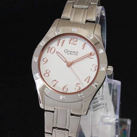 Caravelle Ladies Watch Crystal Studded Bezel Textured Dial Rose Hands 32mm - Picture 1 of 12
